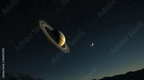 Mesmerizing View of Saturn with Rings in Clear Night Sky Approaching Earth, Enhanced by Subtle Twilight Colors and Soft Shadows photo