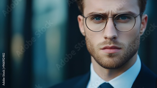 Serious businessman in glasses looking at camera 