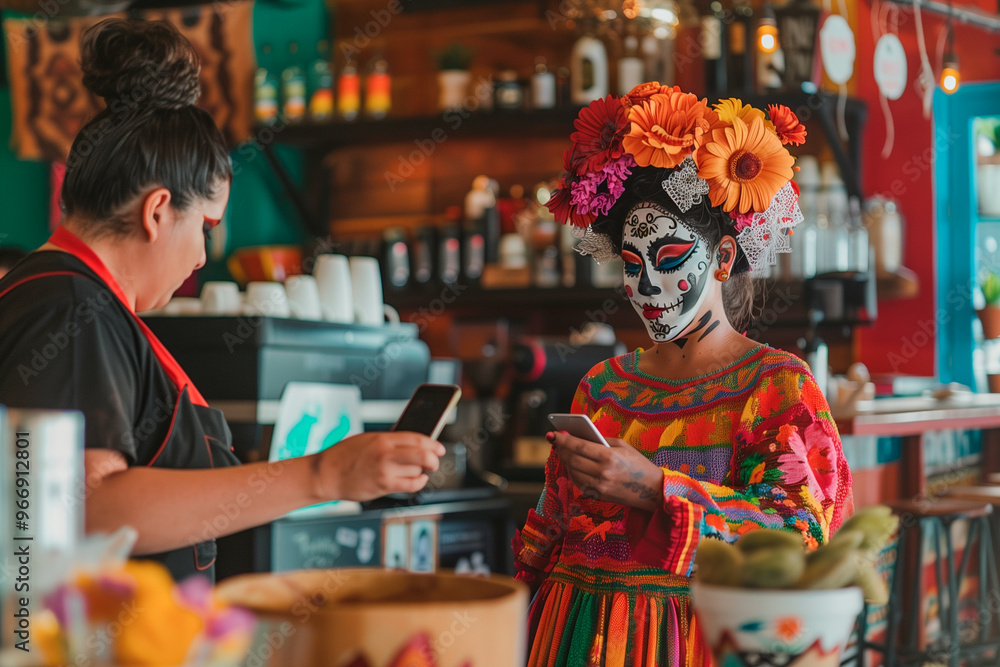 Portrait of Latin woman with Catrina makeup on Day of the Dead paying coffee with mobile phone Portrait of Latin woman with Catrina makeup on Day of the Dead paying coffee with mobile phone