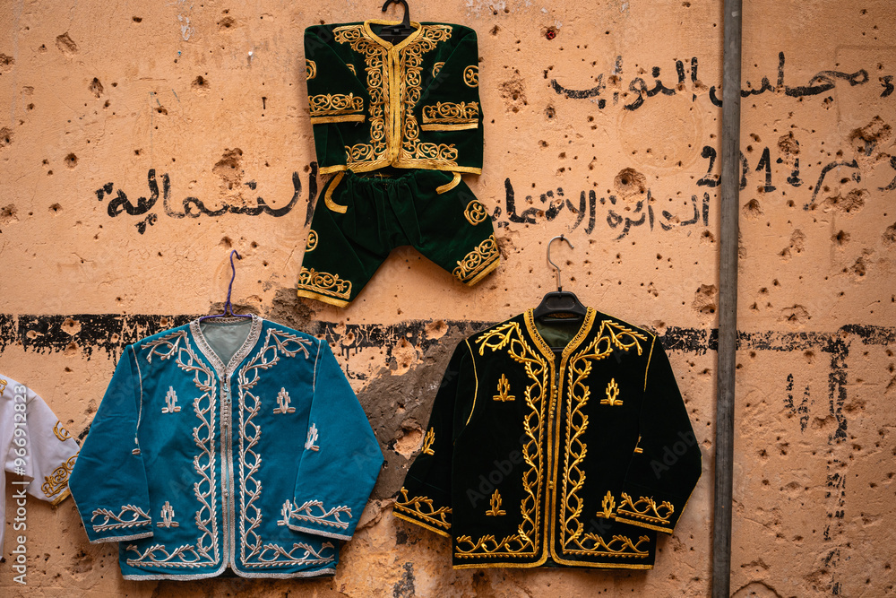 Obraz premium Boys' Clothing Hanging on Wall, Fes, Moroocc