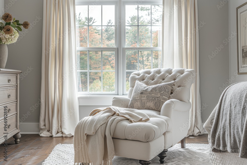 Bright and Airy Bedroom with Large Windows, Plush White Armchair, Ottoman, and Draped Blanket Bright and Airy Bedroom with Large Windows, Plush White Armchair, Ottoman, and Draped Blanket