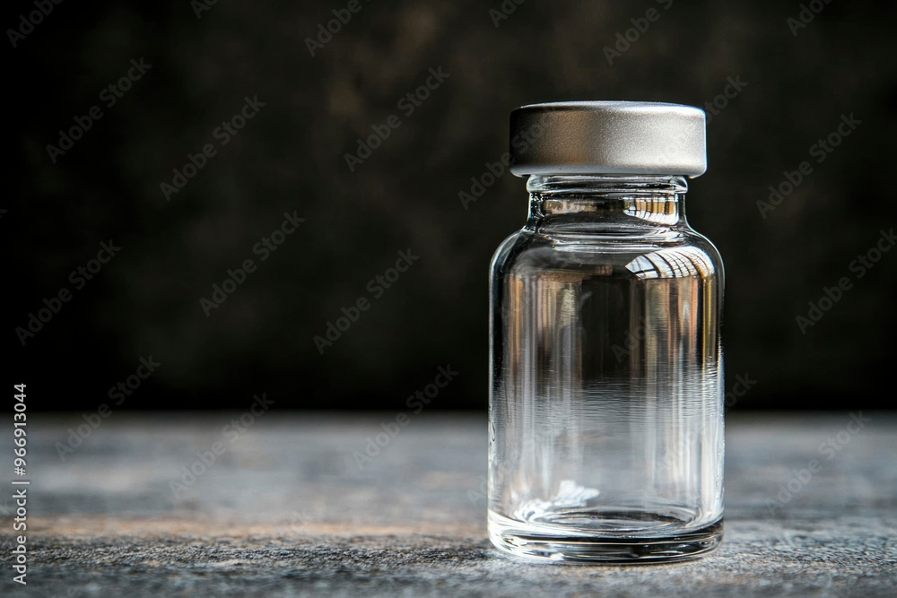 Empty Glass Vial with a Silver Cap on a Gray Surface Empty Glass Vial with a Silver Cap on a Gray Surface