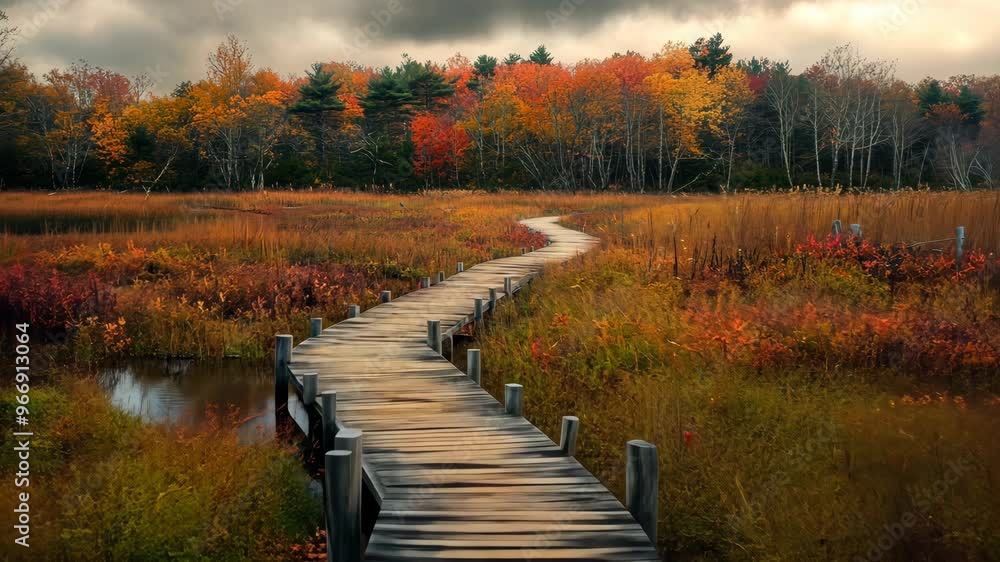 Exploring a serene wooden pathway through vibrant fall foliage in a tranquil nature landscape