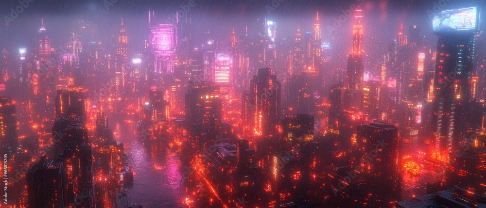A cyberpunk city bathed in red and pink neon lights during a heavy rainstorm A cyberpunk city bathed in red and pink neon lights during a heavy rainstorm