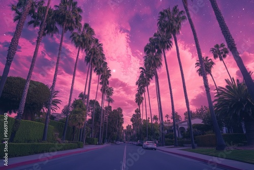 This image features a view from the driverâ€™s perspective on a Beverly hills road lined with tall palm trees under an extraordinarily vibrant and surreal sky. with generative ai