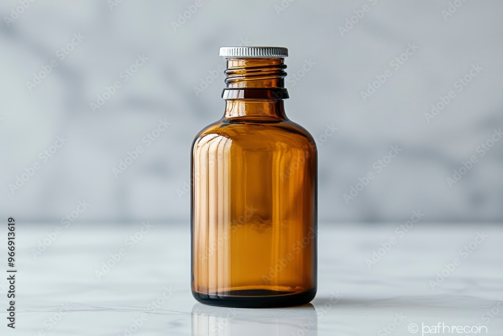 Amber Glass Bottle with Silver Lid on Marble Surface Amber Glass Bottle with Silver Lid on Marble Surface