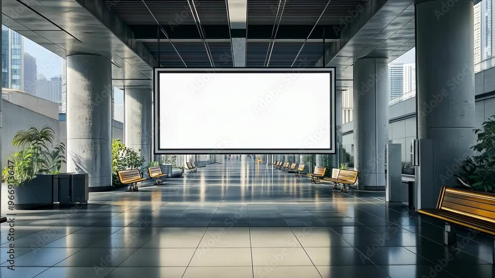 Modern airport terminal interior with spacious design and digital advertising display featuring empty screen for upcoming flights Modern airport terminal interior with spacious design and digital advertising display featuring empty screen for upcoming flights