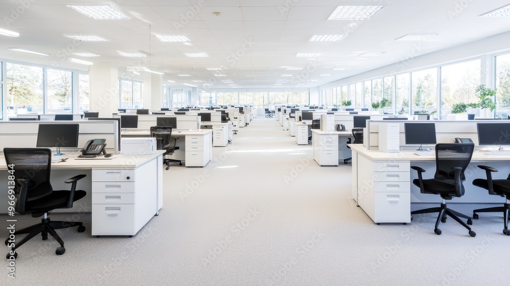 Modern Office Interior Design with White Desks Black Chairs and Windows Modern Office Interior Design with White Desks Black Chairs and Windows