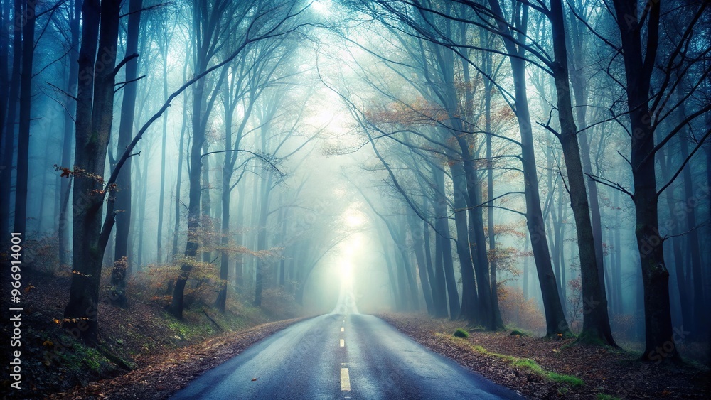 Fototapeta premium Spooky and desolate forest road shrouded in thick fog invoking a sense of mystery and solitude