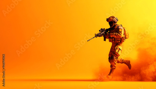 Dynamic soldier running through a dust cloud, showcasing action and determination against a vibrant orange backdrop.