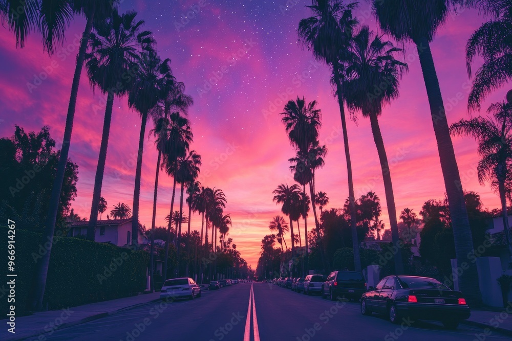 Naklejka premium This image features a view from the driverâ€™s perspective on a Beverly hills road lined with tall palm trees under an extraordinarily vibrant and surreal sky. with generative ai