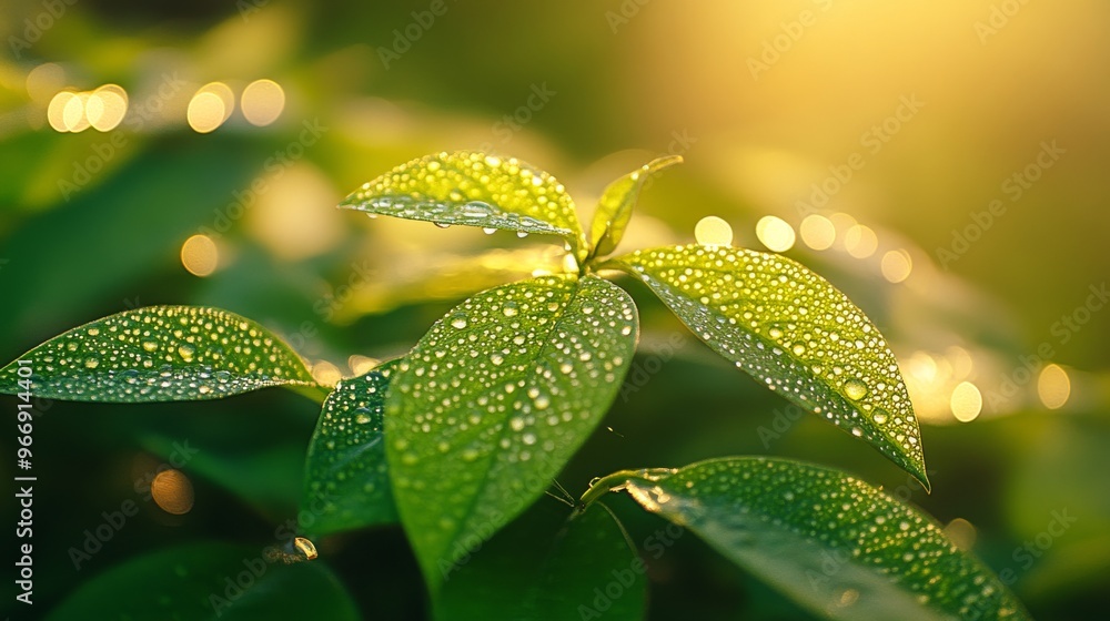 Dewdrops on Lush Green Leaves in Sunlight Dewdrops on Lush Green Leaves in Sunlight