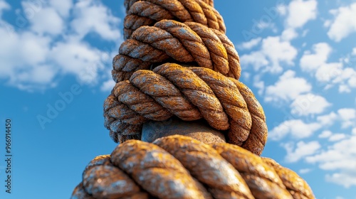 Closeup of Rusty Rope Against Blue Sky with White Clouds photo