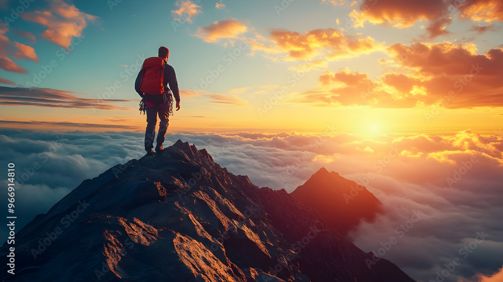 A hiker standing on a mountain peak at sunset above the clouds. A hiker standing on a mountain peak at sunset above the clouds.