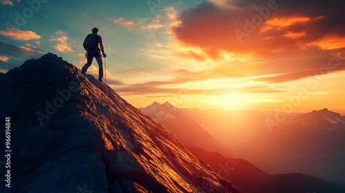 A hiker stands on a mountain peak, admiring a vibrant sunset over the horizon.