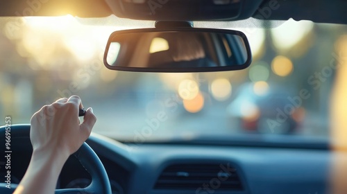A close-up of a driver adjusting the rearview mirror in a modern car, with focus on the hands and mirror reflection -