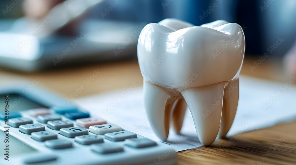 A large tooth model next to a calculator and papers, suggesting a dental context. A large tooth model next to a calculator and papers, suggesting a dental context.