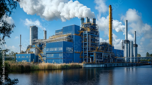 A large industrial facility with smokestacks near a body of water under a clear blue sky.