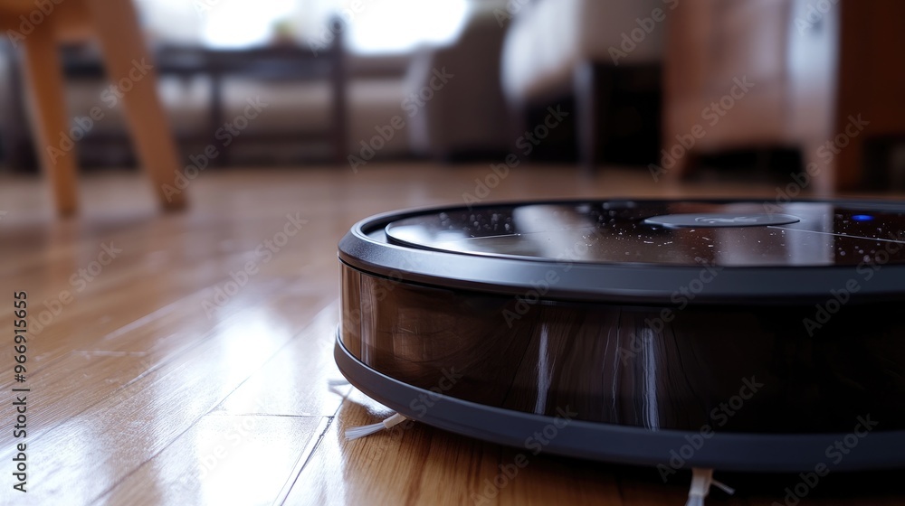 Obraz premium A close-up of a robotic floor wheels moving across a hardwood floor, capturing dust and debris
