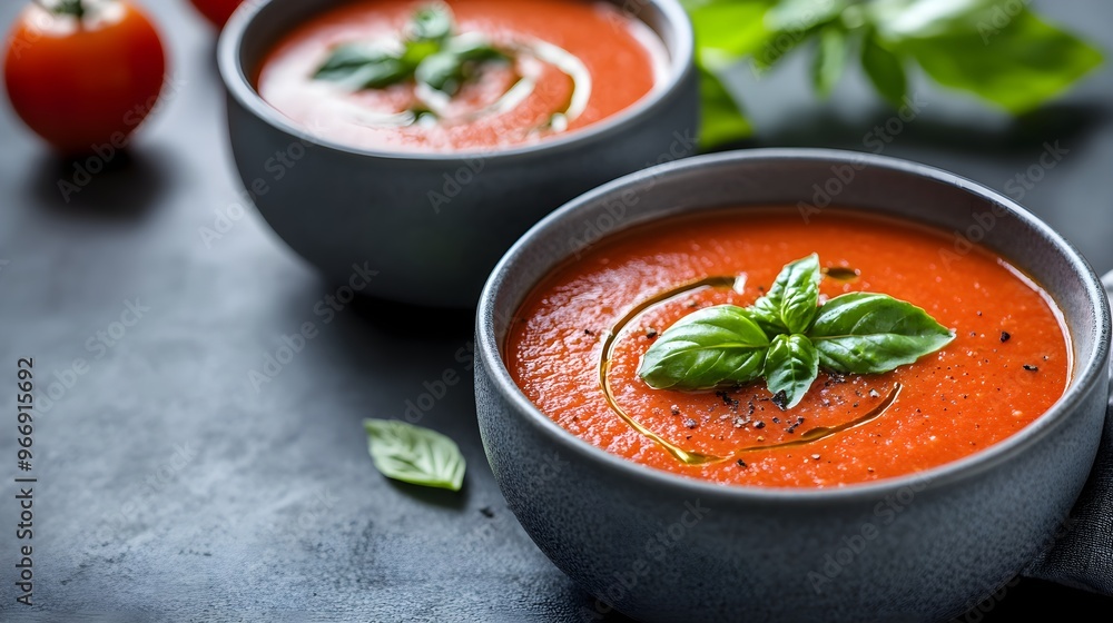 Traditional gaspacho in gray bowl. Summer tomato soup with basil Traditional gaspacho in gray bowl. Summer tomato soup with basil