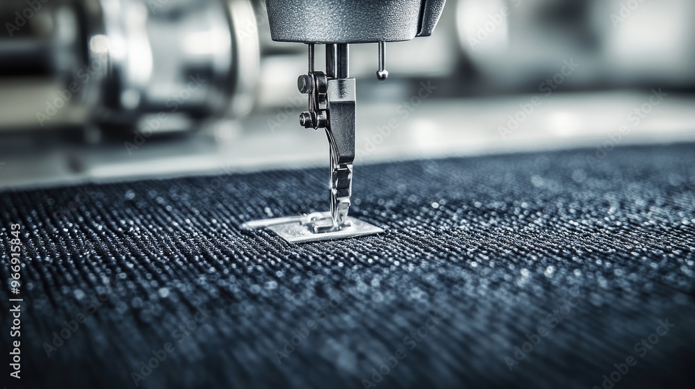 A close-up of a sewing machine needle stitching fabric, showing material handling in garment production - A close-up of a sewing machine needle stitching fabric, showing material handling in garment production -