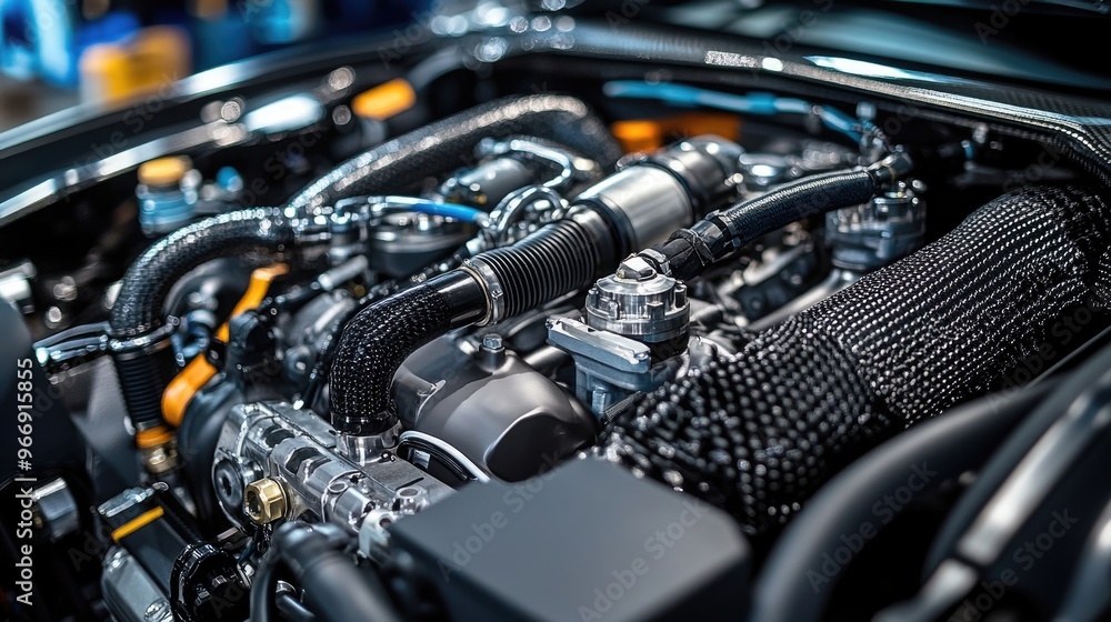 A close-up of a sports engine, with visible pistons, hoses, and components, showcasing power and performance A close-up of a sports engine, with visible pistons, hoses, and components, showcasing power and performance