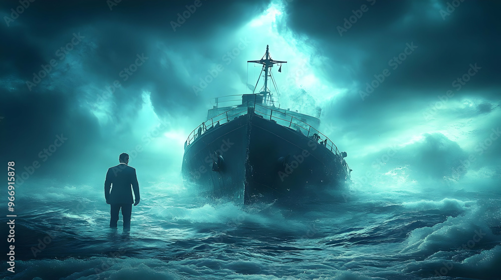 Fototapeta premium A lone figure stands in water, facing a large ship amidst dramatic, stormy skies.
