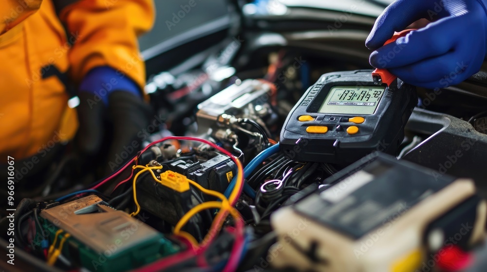 A close-up of an auto mechanic checking a car battery with a voltmeter, with focus on the battery terminals and cables A close-up of an auto mechanic checking a car battery with a voltmeter, with focus on the battery terminals and cables