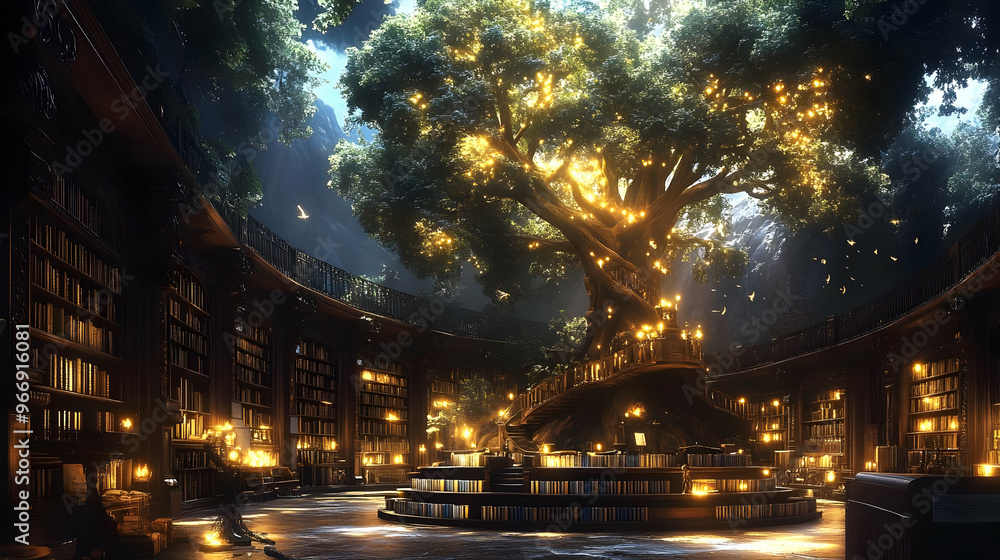 A magical library with a large glowing tree at its center, surrounded by shelves of books.