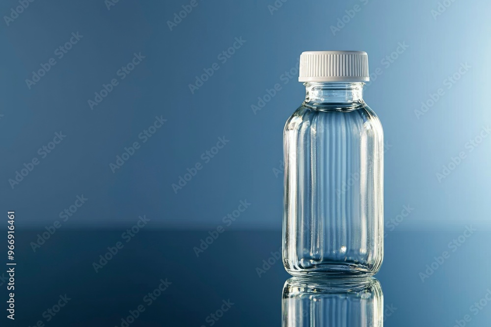 A Glass Bottle with a White Cap on a Blue Reflective Surface A Glass Bottle with a White Cap on a Blue Reflective Surface
