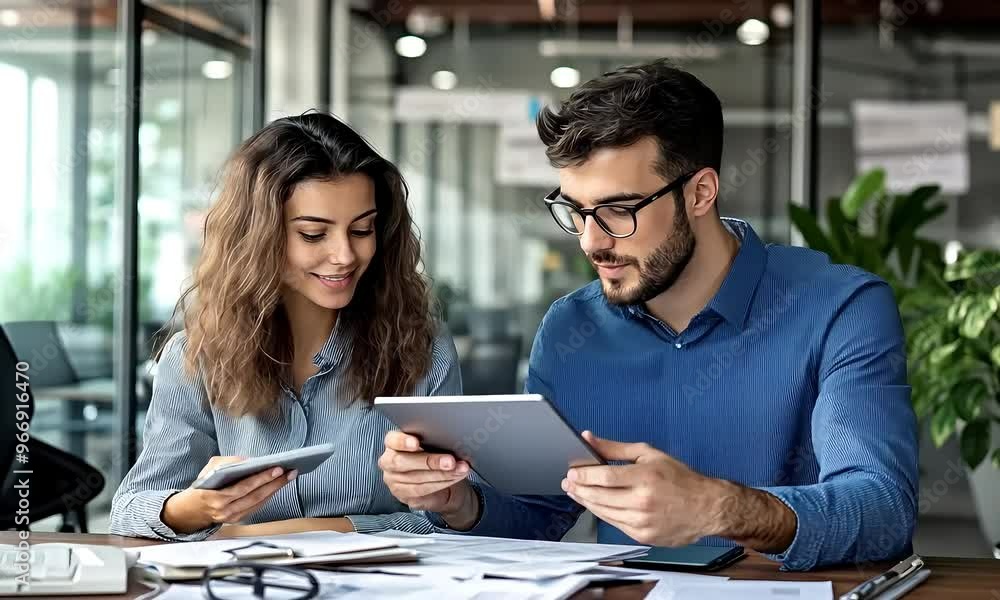 Two business professionals working together at a desk in an office, one with a tablet and one with a phone, discussing work. Two business professionals working together at a desk in an office, one with a tablet and one with a phone, discussing work.