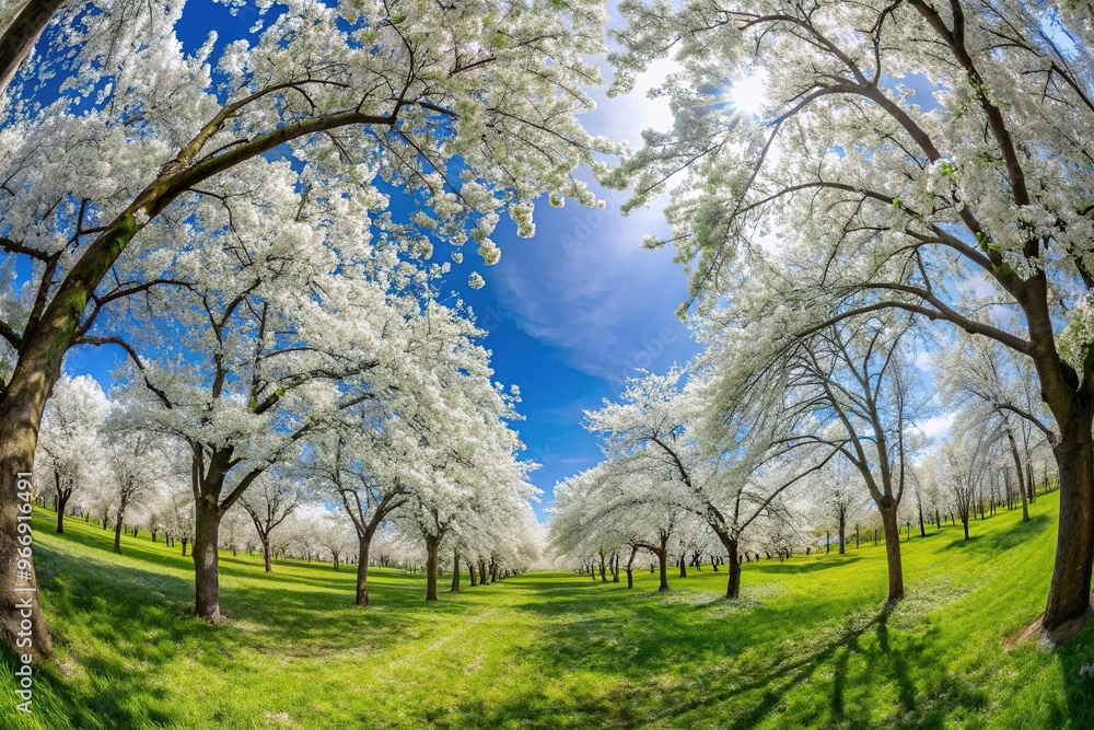 Spring landscape with trees covered in white blossoms Spring landscape with trees covered in white blossoms