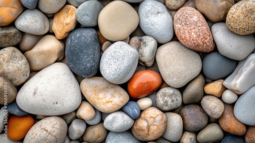 A collection of natural stone pebbles in varying sizes, highlighting decorative material for landscaping A collection of natural stone pebbles in varying sizes, highlighting decorative material for landscaping