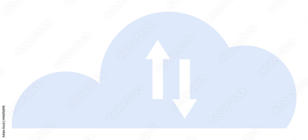 Blue cloud with upward and downward arrows depicting data exchange. Ideal for data transfer, cloud storage, networking, internet, technology. Blue cloud with upward and downward arrows depicting data exchange. Ideal for data transfer, cloud storage, networking, internet, technology.