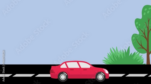 4K video Car Footage with Cartoon Car on the road and Tree Illustration on Natural Scenery Background. 4k video animated of a car driving, Electric Car Vehicle Ecology for Holiday Footage