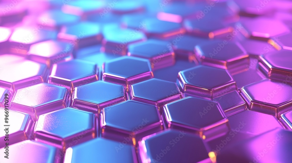 Abstract Close-Up of Shiny Hexagon Pattern with Vibrant Purple and Blue Lighting Abstract Close-Up of Shiny Hexagon Pattern with Vibrant Purple and Blue Lighting