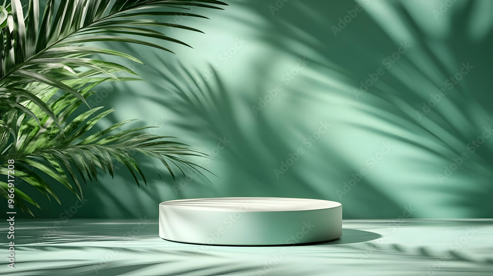 A minimalist display with a circular platform and leafy shadows on a green background. A minimalist display with a circular platform and leafy shadows on a green background.