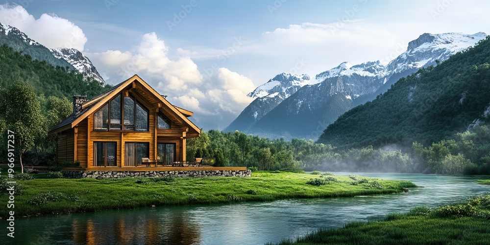 luxury traditional dark yellow wooden chalet house with clear river view and expanse of fresh green grass luxury traditional dark yellow wooden chalet house with clear river view and expanse of fresh green grass