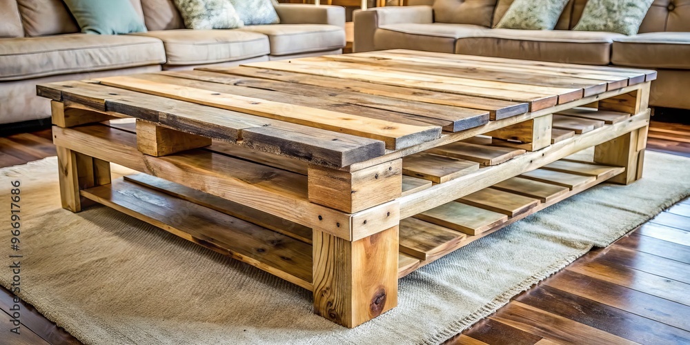 Handcrafted coffee table made from reclaimed wooden pallet with rough edges and imperfections, adding a touch of rustic Handcrafted coffee table made from reclaimed wooden pallet with rough edges and imperfections, adding a touch of rustic