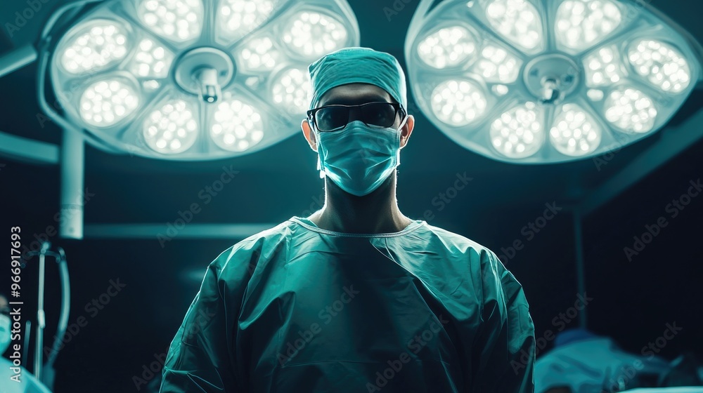 A doctor in surgical scrubs and a mask, standing confidently in an operating room with bright lights overhead A doctor in surgical scrubs and a mask, standing confidently in an operating room with bright lights overhead