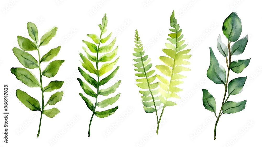 Fototapeta premium Watercolor Fern Leaf Collection, Botanical Illustration, Green, Nature, Watercolor Painting, Fern, Leaf