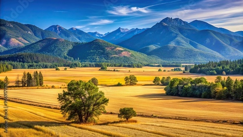 Square crop landscape of Applegate Valley Southern Oregon in summer with golden dry field and green and purple mountains leading lines photo