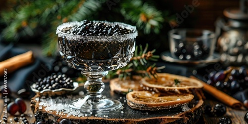 Black sturgeon caviar in a crystal glass with crushed ice and slices of sturgeon balyk on a wooden table photo