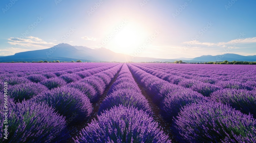 Fototapeta premium A field of lavender in Provence, France, with rows of purple blooms stretching into the distance under a bright sun