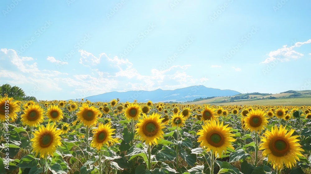 Fototapeta premium A field of sunflowers in full bloom under a bright blue sky, with bees buzzing around and mountains in the distance
