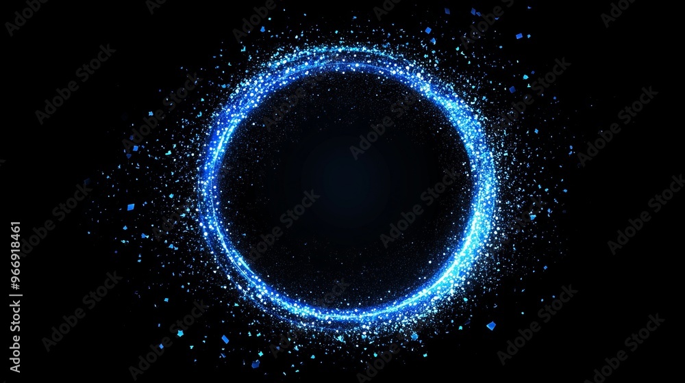 Blue glitter circle of light foggy and blue spark particles in circle frame on black background. Christmas magic stars glow, firework confetti of glittery ring shimmer Blue glitter circle of light foggy and blue spark particles in circle frame on black background. Christmas magic stars glow, firework confetti of glittery ring shimmer