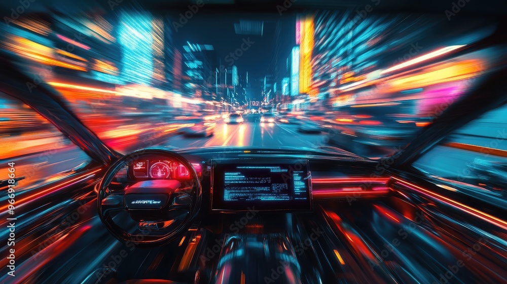 A futuristic self-driving car navigating a busy city street, with digital interface and sensors glowing on the dashboard - A futuristic self-driving car navigating a busy city street, with digital interface and sensors glowing on the dashboard -