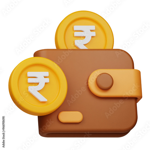 wallet and rupee coin 3d icon isolated on the transparent background