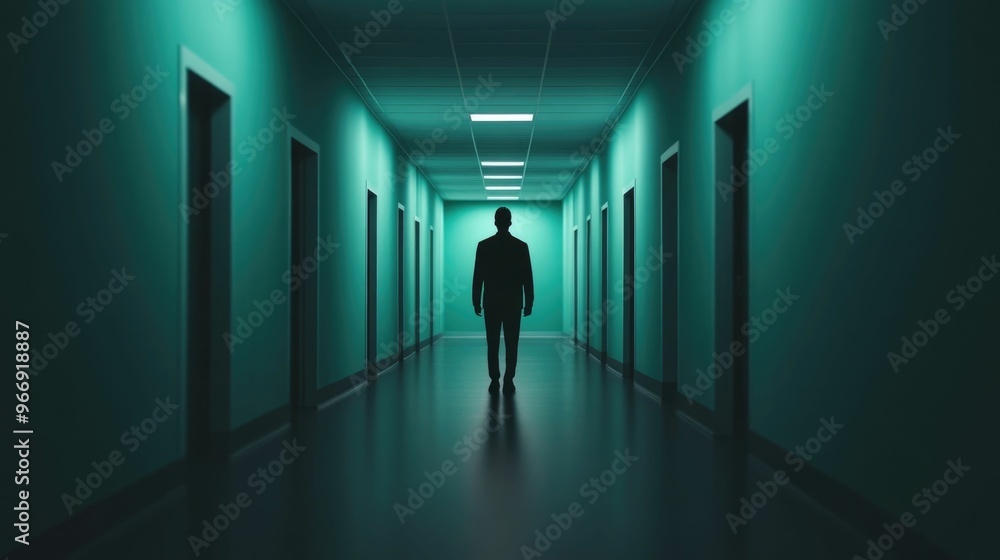 Fototapeta premium A solitary silhouette of a person standing at the end of a long dark and foreboding hallway creating a sense of suspense mystery and unease The dimly lit
