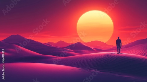 A lone figure stands on a sand dune in a desert landscape under a large orange sun.